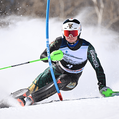 A male downhill skier races down the mountain.